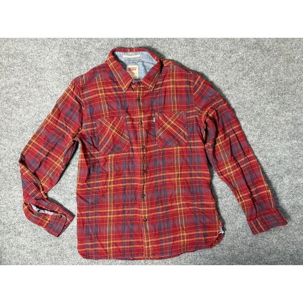 Levis Button Down Shirt Mens Large Red Plaid Flannel Long Sleeve Regular Fit